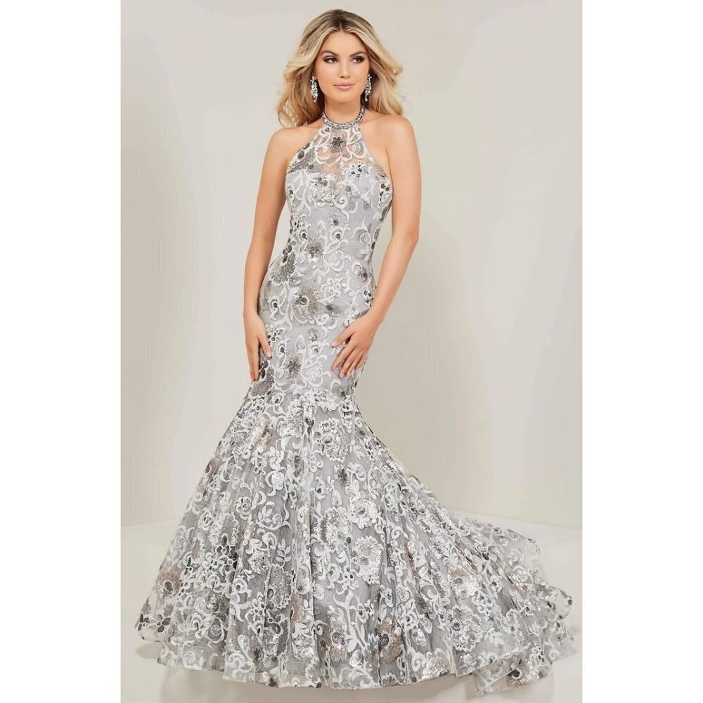 NWT Tiffany Designs Silver Floral Sequin Formal Gown $665